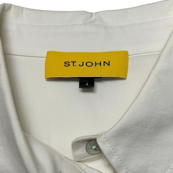 St. John White Button Up Down Pintuck 3/4 Sleeves Poplin Cotton Tunic Shirt Sz 4 - Picture 3 of 6
